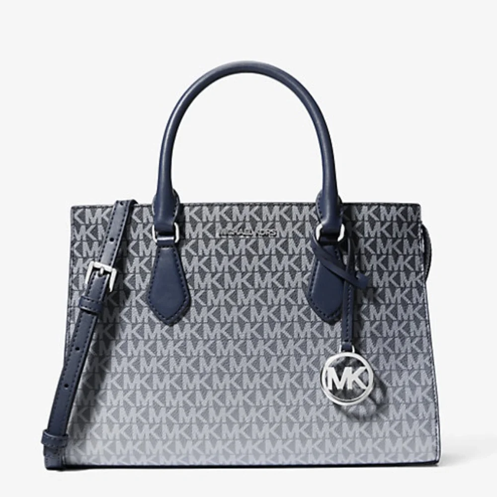 MICHAEL KORS Sheila Medium Ombré Signature Logo CZ Satchel Crossbody Navy NWT